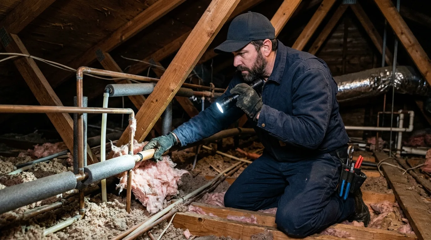 Plumber inspecting an attic water line in a Corona, CA home