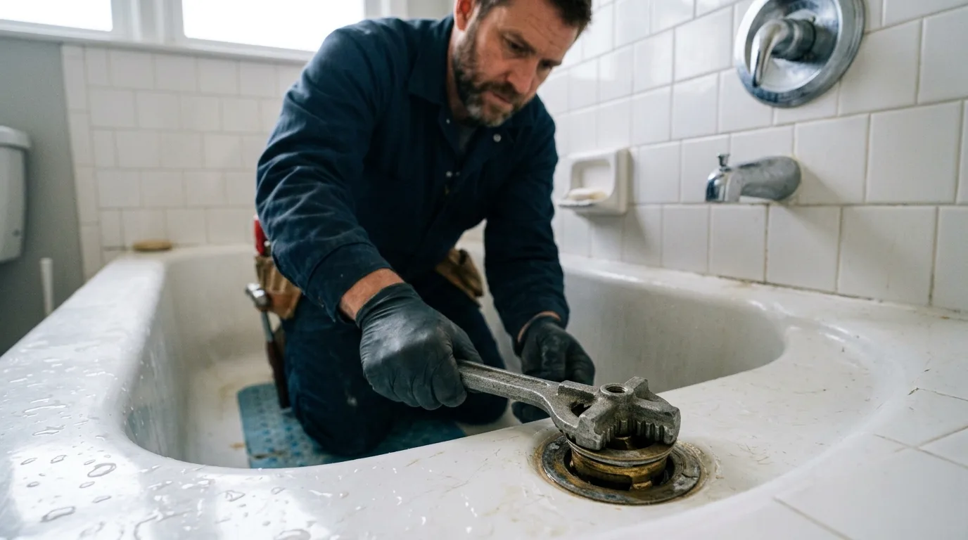 Bathtub drain assembly being replaced in a Corona, CA home