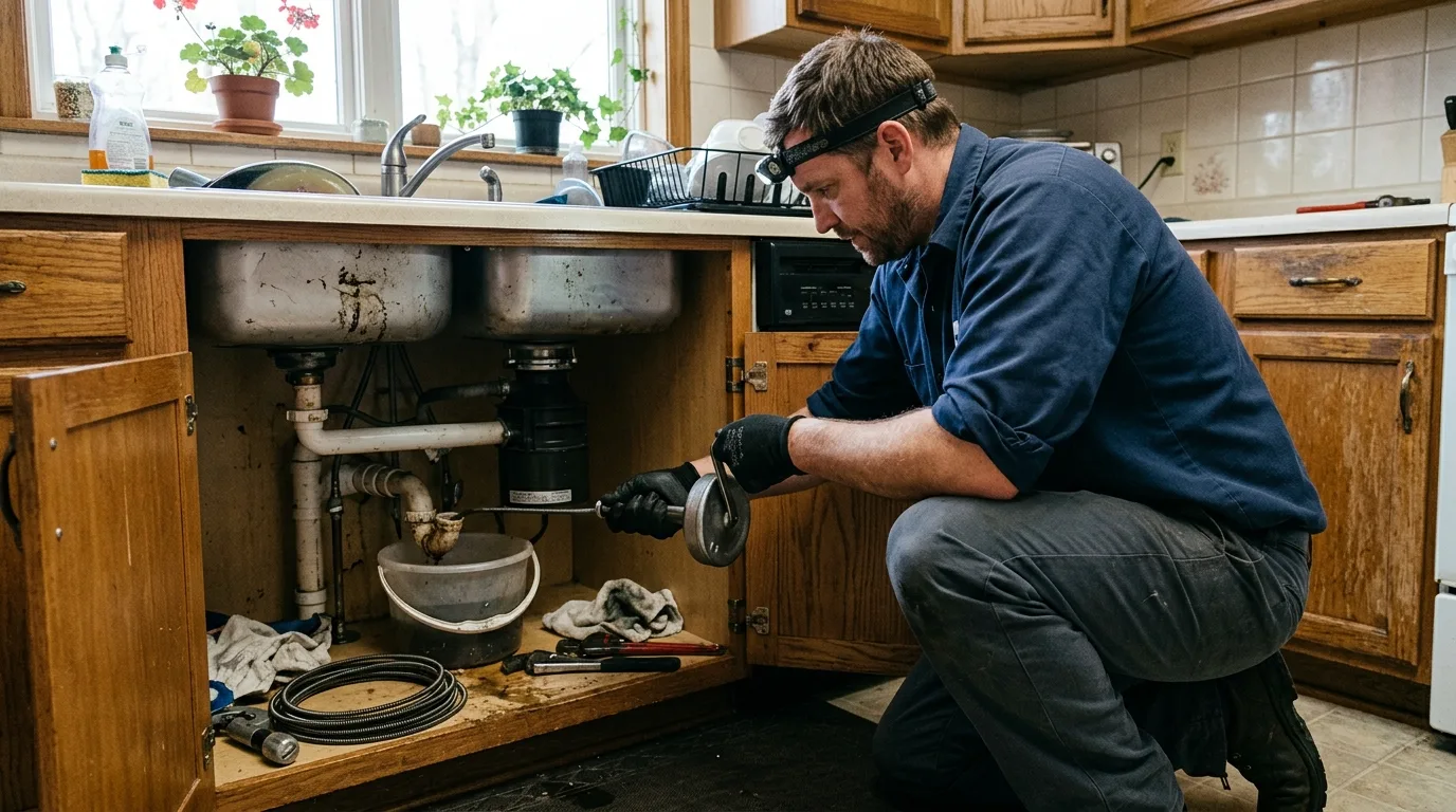 Plumber cabling a blocked kitchen sink drain from inside the cabinet
