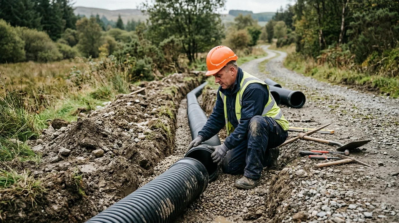 Drainage pipe aligned in an open trench during a repair in Corona, CA