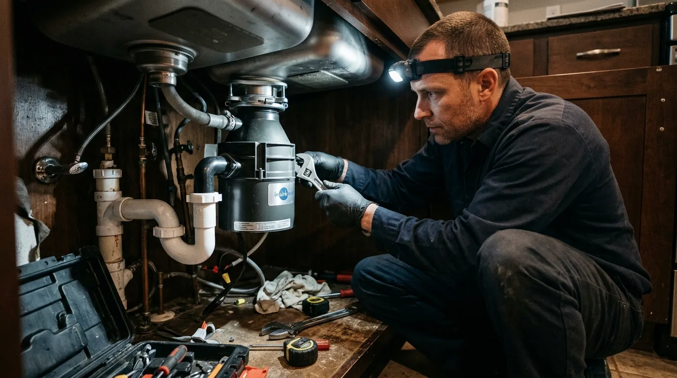 Garbage disposal being installed under a kitchen sink in Corona, CA