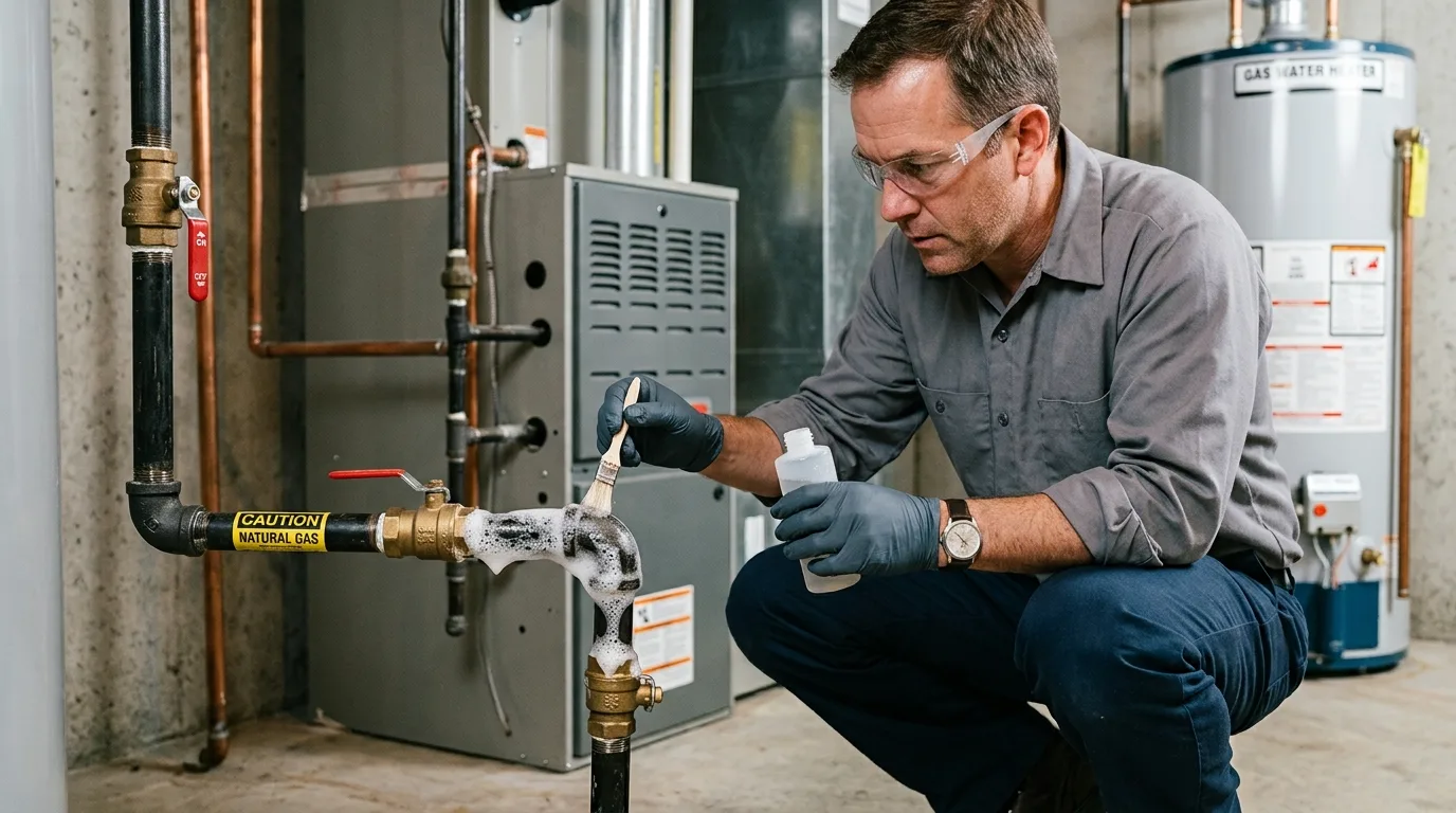 Gas line being leak-tested with solution at a Corona, CA home