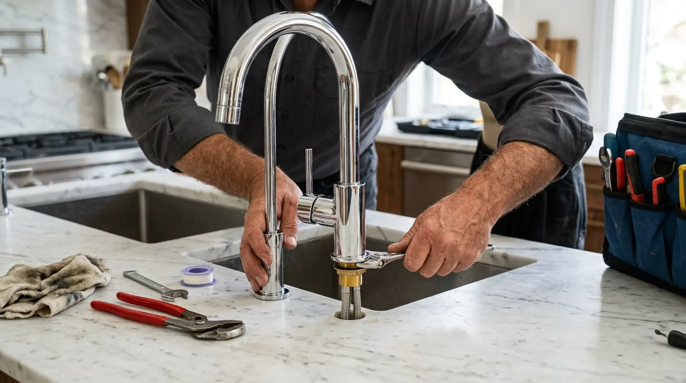 Plumber tightening the supply connection on a new kitchen island faucet in Corona, CA