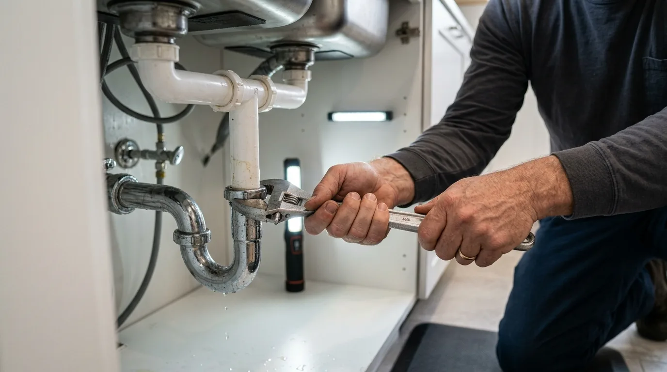 Plumber tightening a chrome sink trap under a kitchen sink in a Corona, CA home