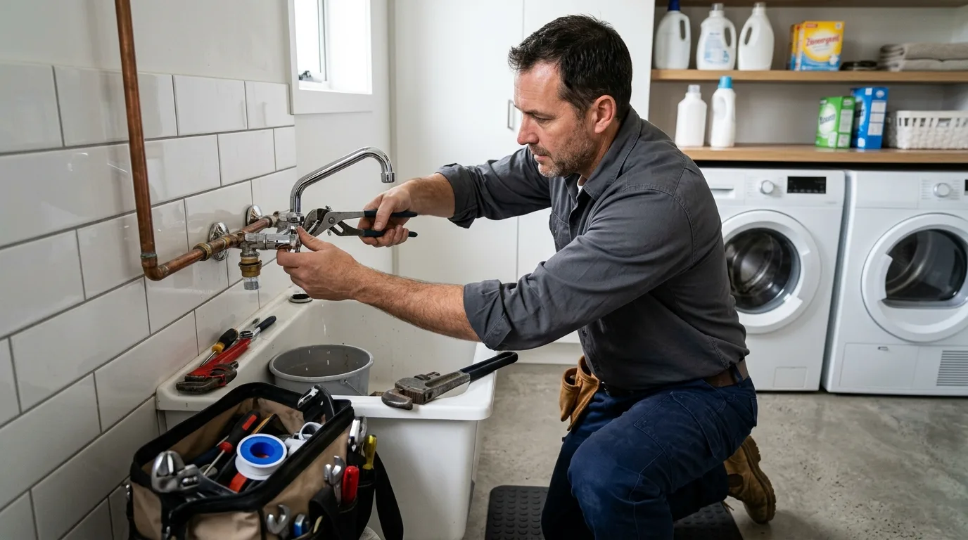 Laundry room wall faucet and supply valves being serviced in an Eastvale home