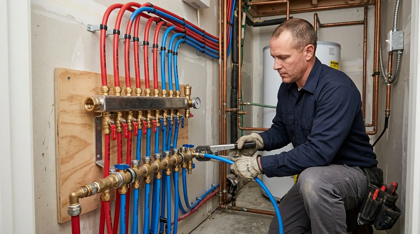 Plumber setting a PEX manifold during a whole-home repipe in Corona, CA