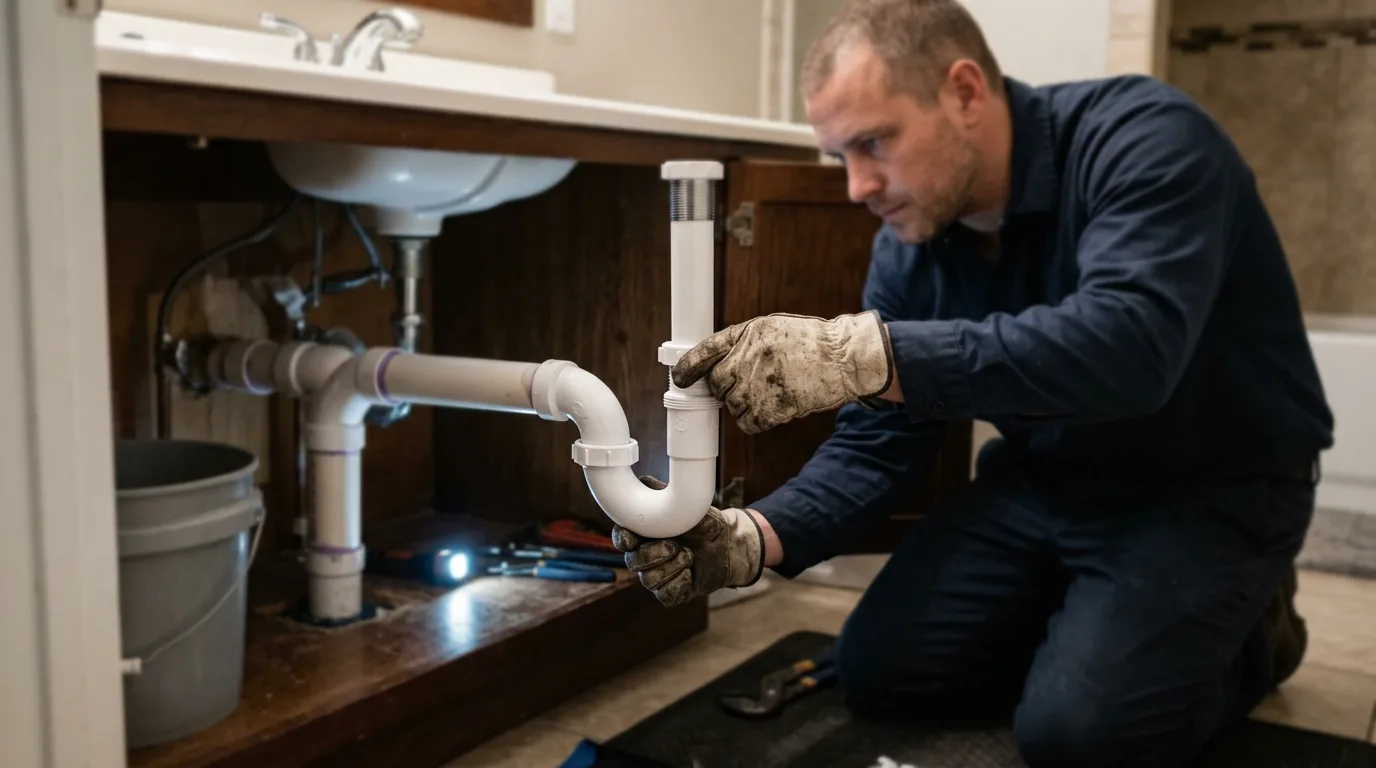 Plumber fitting a new P-trap under a bathroom vanity in Corona, CA