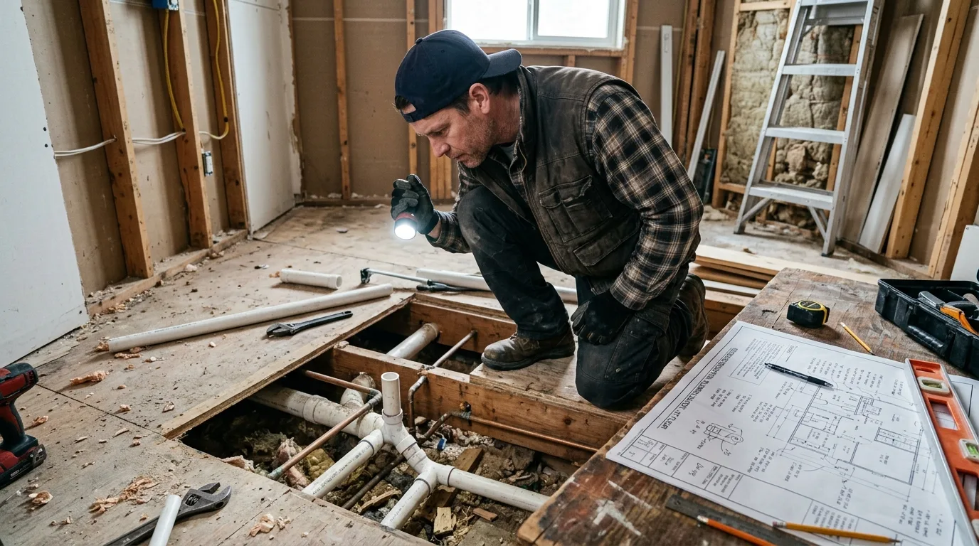 Flooring lifted to expose water and drain lines during a Central Corona leak repair